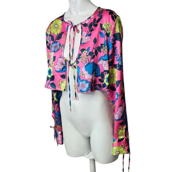 Zara Womens Tie Front Floral Neon Long Sleeve Top Size Small - Picture 7 of 7